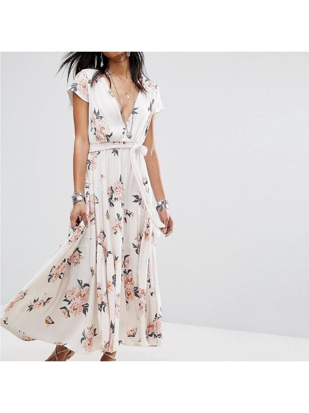 Free People All I Got Floral Printed Maxi Dress Ivory Pink 8 Boho Cottage Core